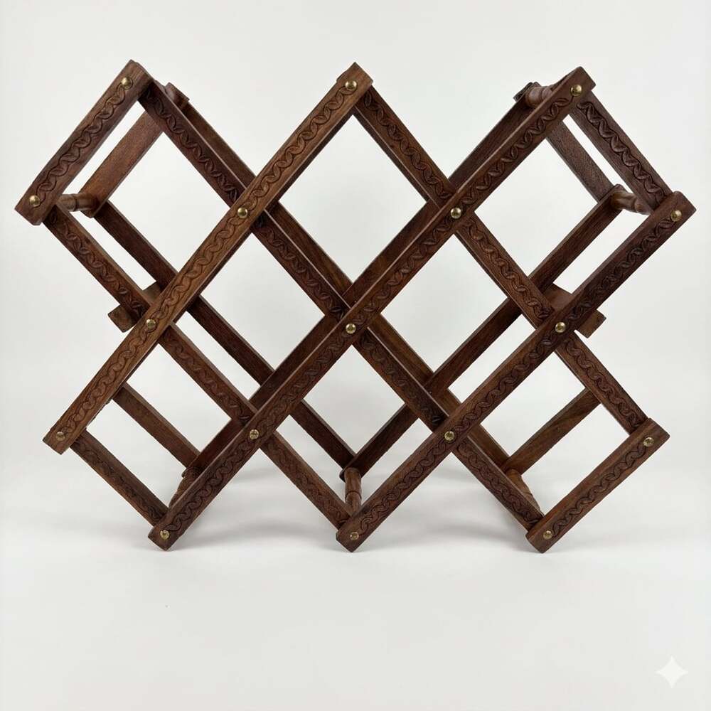 Vintage Expandable Wooden Accordion Wine Rack with Carved Detailing